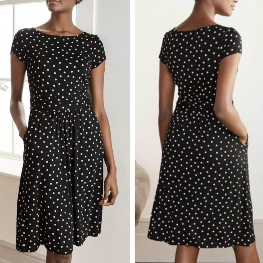Boden Navy and Pink Polka Dot Midi Dress